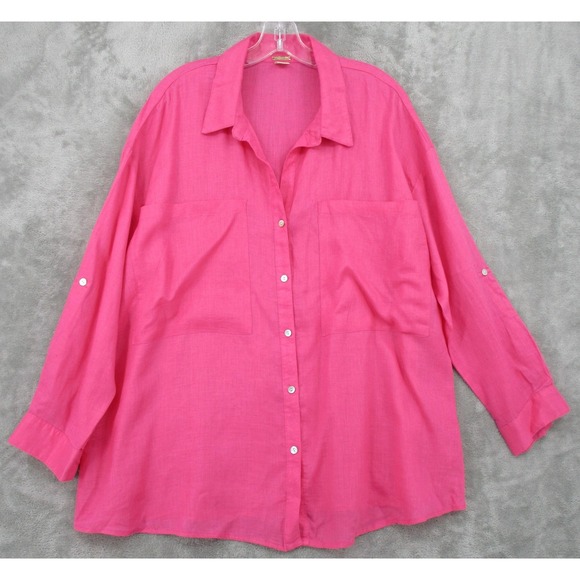 Magaschoni Tops - Magaschoni Blouse Womens Large Linen Button Up Oversized Long Sleeve Pocket Pink